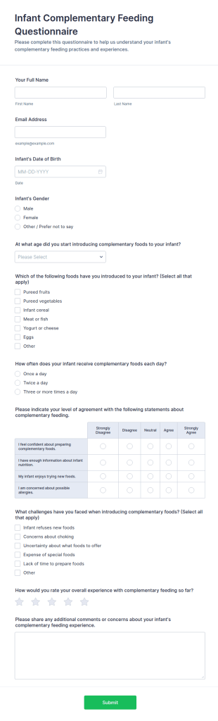 Infant Complementary Feeding Questionnaire Form Template