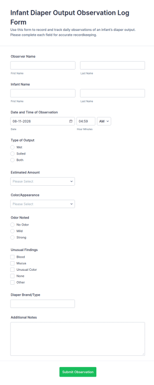 Infant Diaper Output Observation Log Form Template