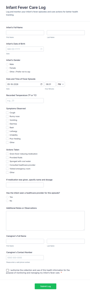 Infant Fever Care Log Form Template