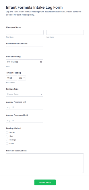 Infant Formula Intake Log Form Template