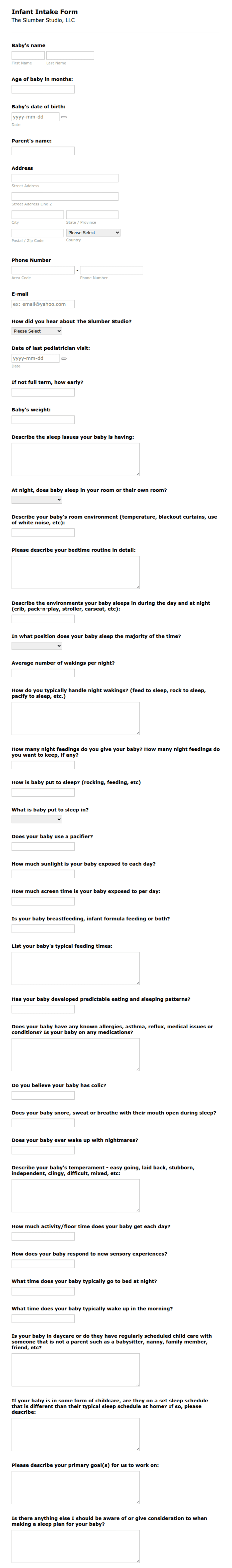 Infant Intake Form Template | Jotform