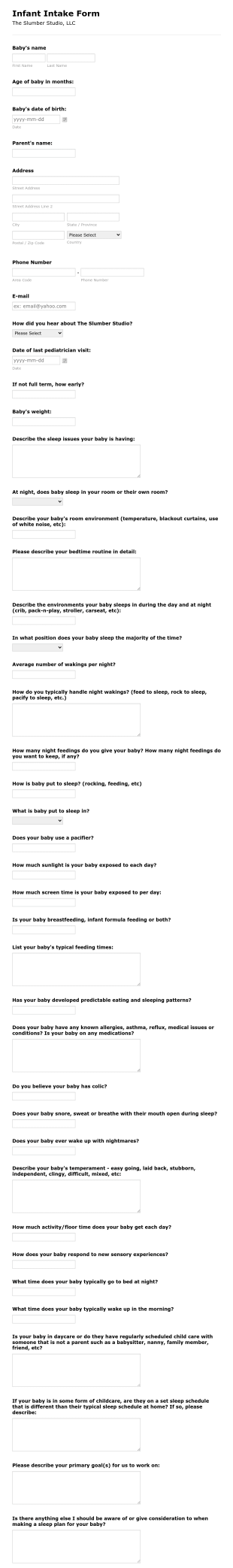 Infant Intake Form Template