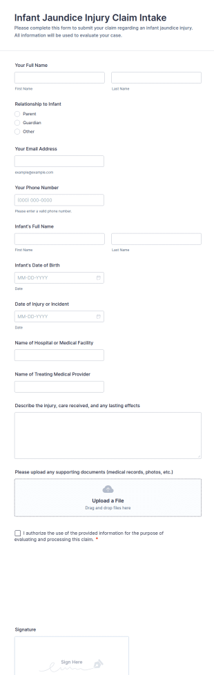 Infant Jaundice Injury Claim Intake Form Template