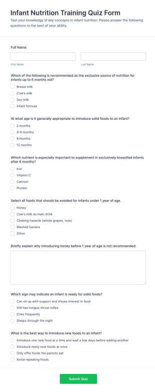 Infant Nutrition Training Quiz Form Template