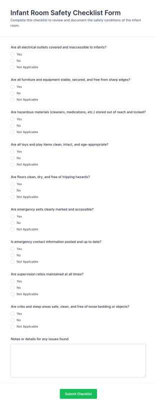 Infant Room Safety Checklist Form Template