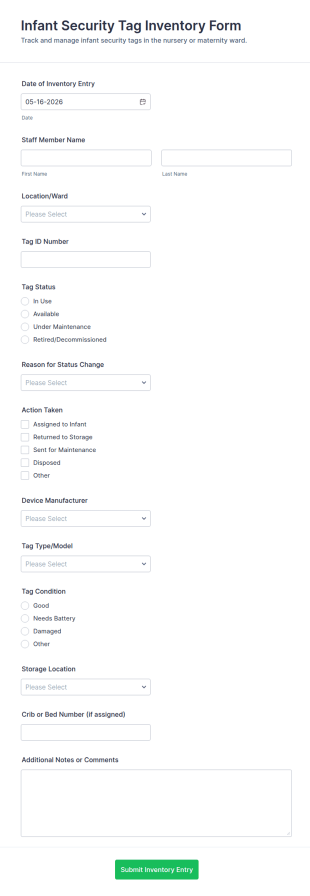 Infant Security Tag Inventory Form Template
