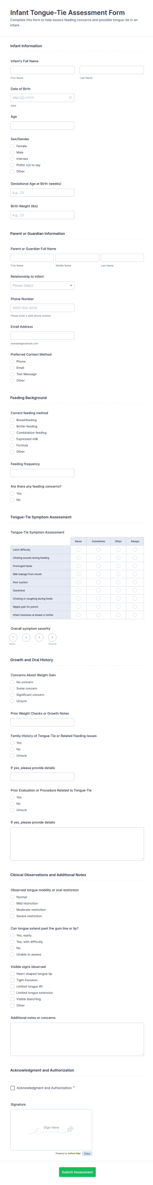 Infant Tongue Tie Assessment Form Template