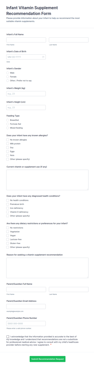 Infant Vitamin Supplement Recommendation Form Template