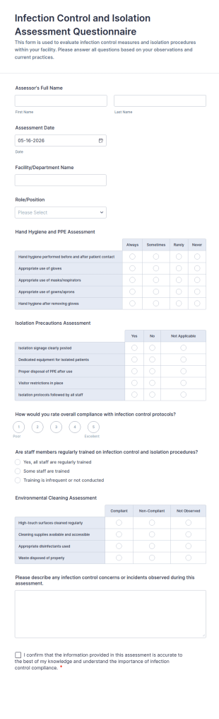Infection Control And Isolation Assessment Questionnaire Form Template