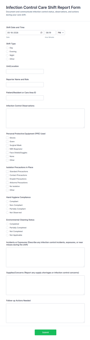 Infection Control Care Shift Report Form Template