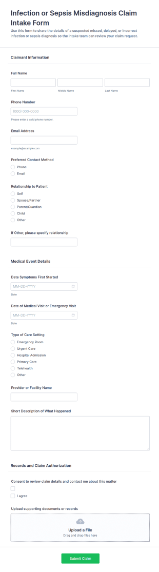 Infection Or Sepsis Misdiagnosis Claim Intake Form Template