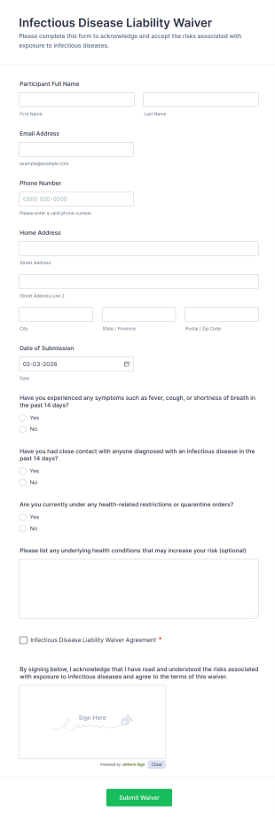Infectious Disease Liability Waiver Form Template