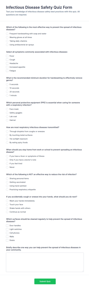 Infectious Disease Safety Quiz Form Template