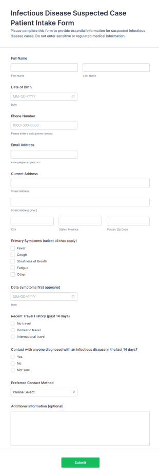 Infectious Disease Suspected Case Patient Intake Form Template
