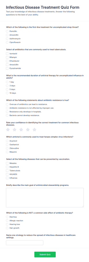 Infectious Disease Treatment Quiz Form Template