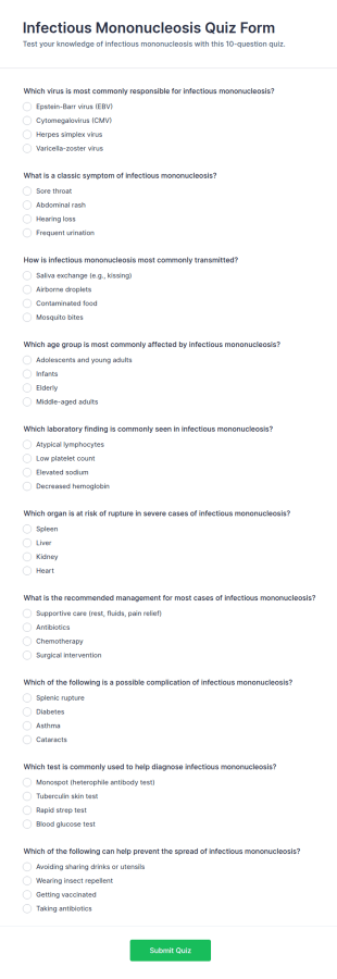 Infectious Mononucleosis Quiz Form Template
