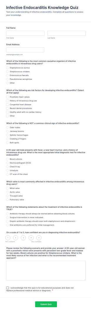Infective Endocarditis Knowledge Quiz Form Template