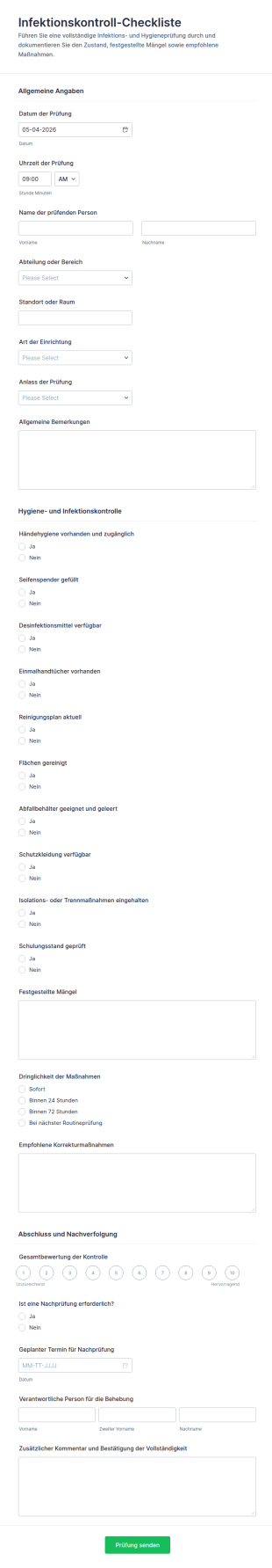 Infektionskontroll Checkliste Formular