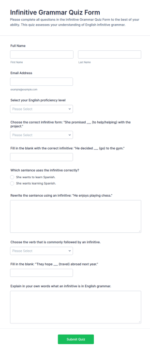 Infinitive Grammar Quiz Form Template
