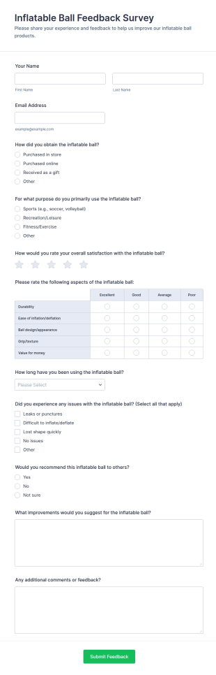 Inflatable Ball Feedback Survey Form Template