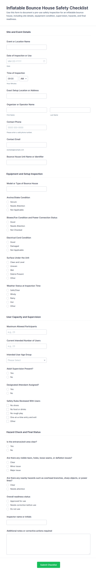 Inflatable Bounce House Safety Checklist Form Template