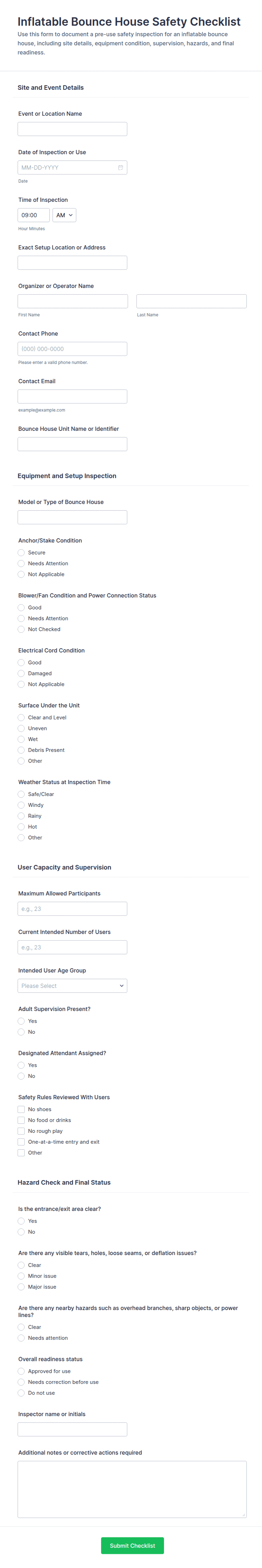 Inflatble Inspection Form Inflatable Bounce House Safety Checklist Form Template | Jotform