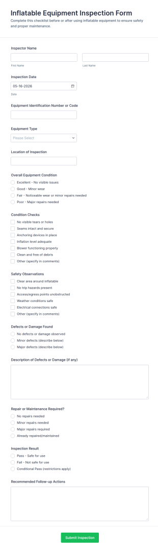 Inflatable Equipment Inspection Form Template
