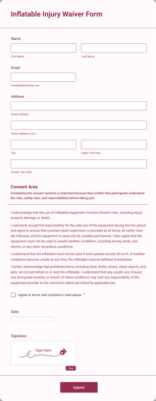 Inflatable Injury Waiver Form Template