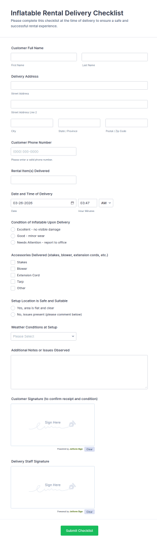 Inflatable Rental Delivery Checklist Form Template