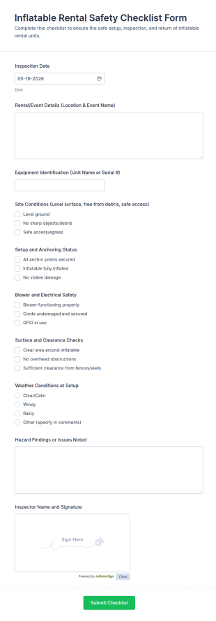 Inflatable Rental Safety Checklist Form Template