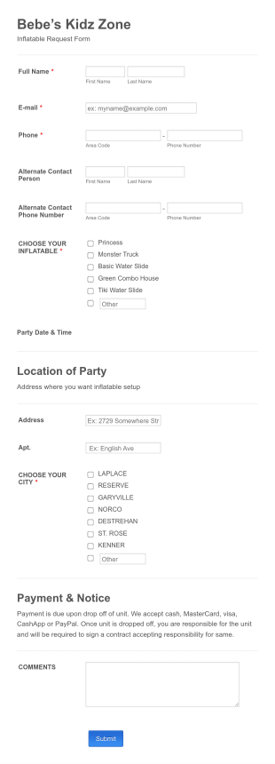 Inflatable Request Form Template