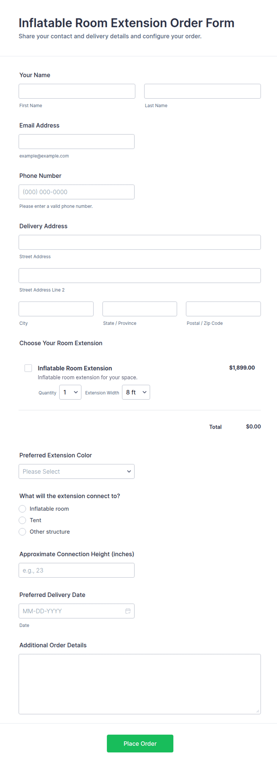 Inflatable Room Extension Order Form Template | Jotform