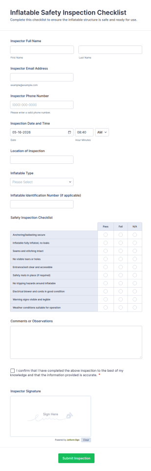 Inflatable Safety Inspection Checklist Form Template