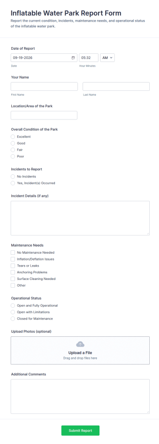 Inflatable Water Park Report Form Template