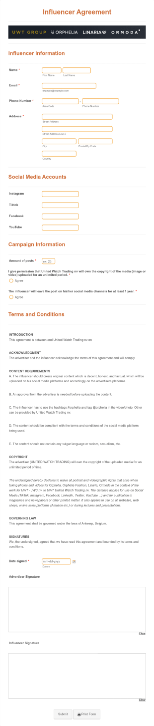 Influencer Agreement United Watch Trading Form Template