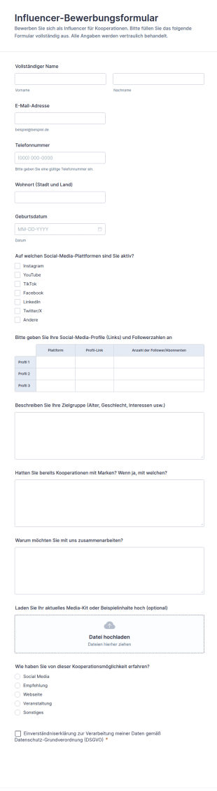 Influencer Bewerbungsformular