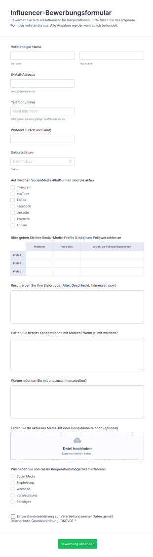 Influencer Bewerbungsformular