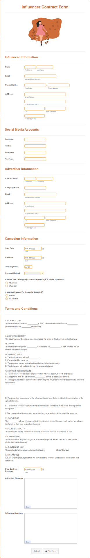 Influencer Contract Form Template