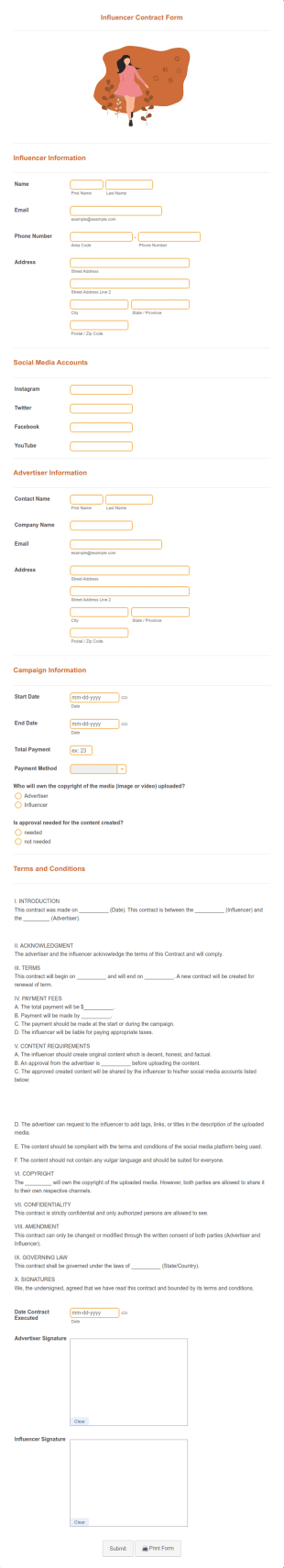 Influencer Contract Form Template