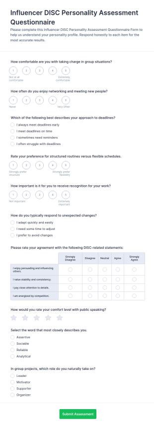 Influencer DISC Personality Assessment Questionnaire Form Template