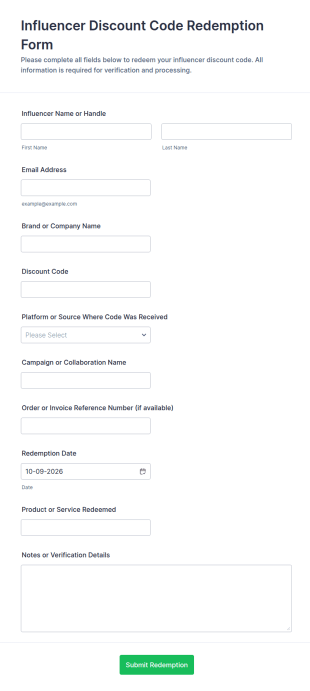 Influencer Discount Code Redemption Form Template