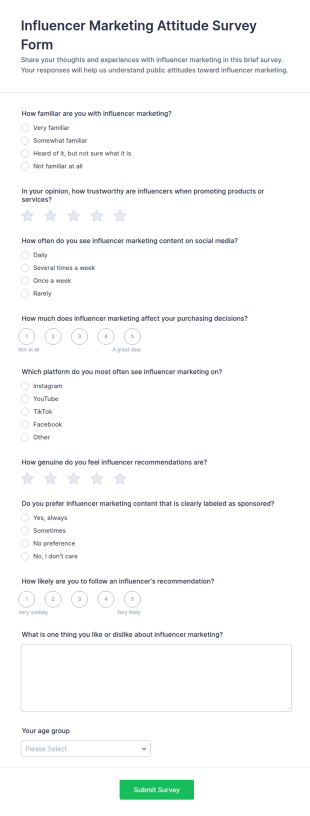 Influencer Marketing Attitude Survey Form Template