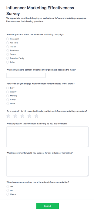 Influencer Marketing Effectiveness Survey Form Template