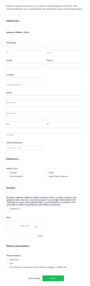 Influencer Ödülleri Katılım Form Şablonu