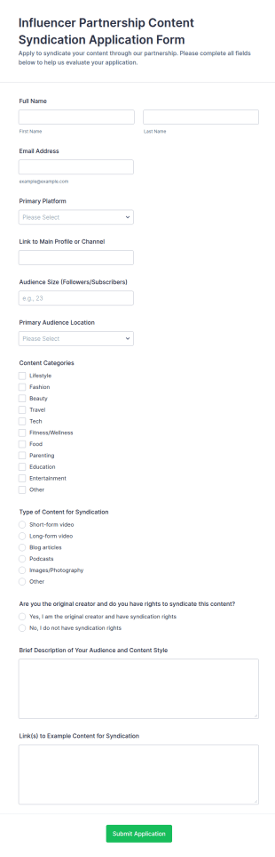 Influencer Partnership Content Syndication Application Form Template