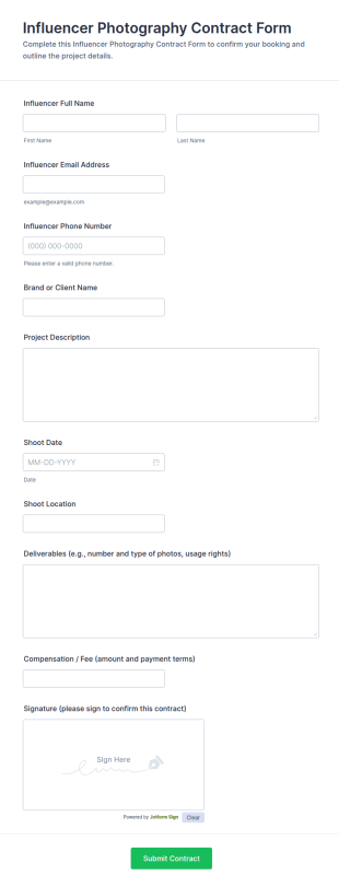 Influencer Photography Contract Form Template