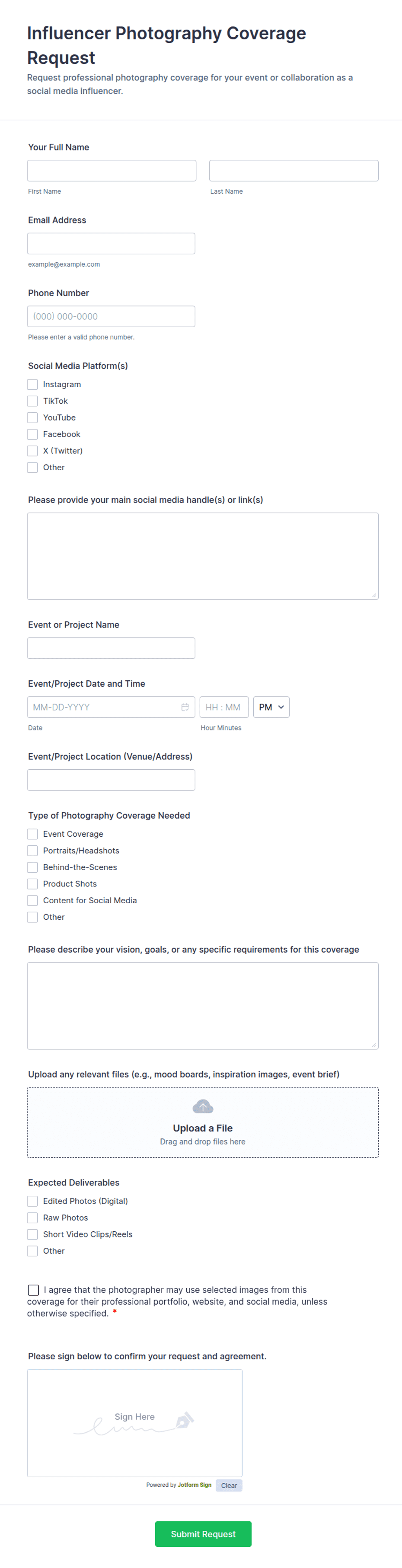 Influencer Photography Coverage Request Form Template | Jotform