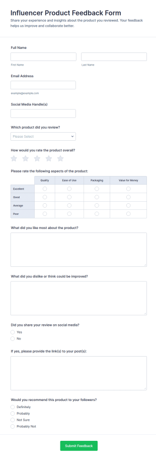 Influencer Product Feedback Form Template