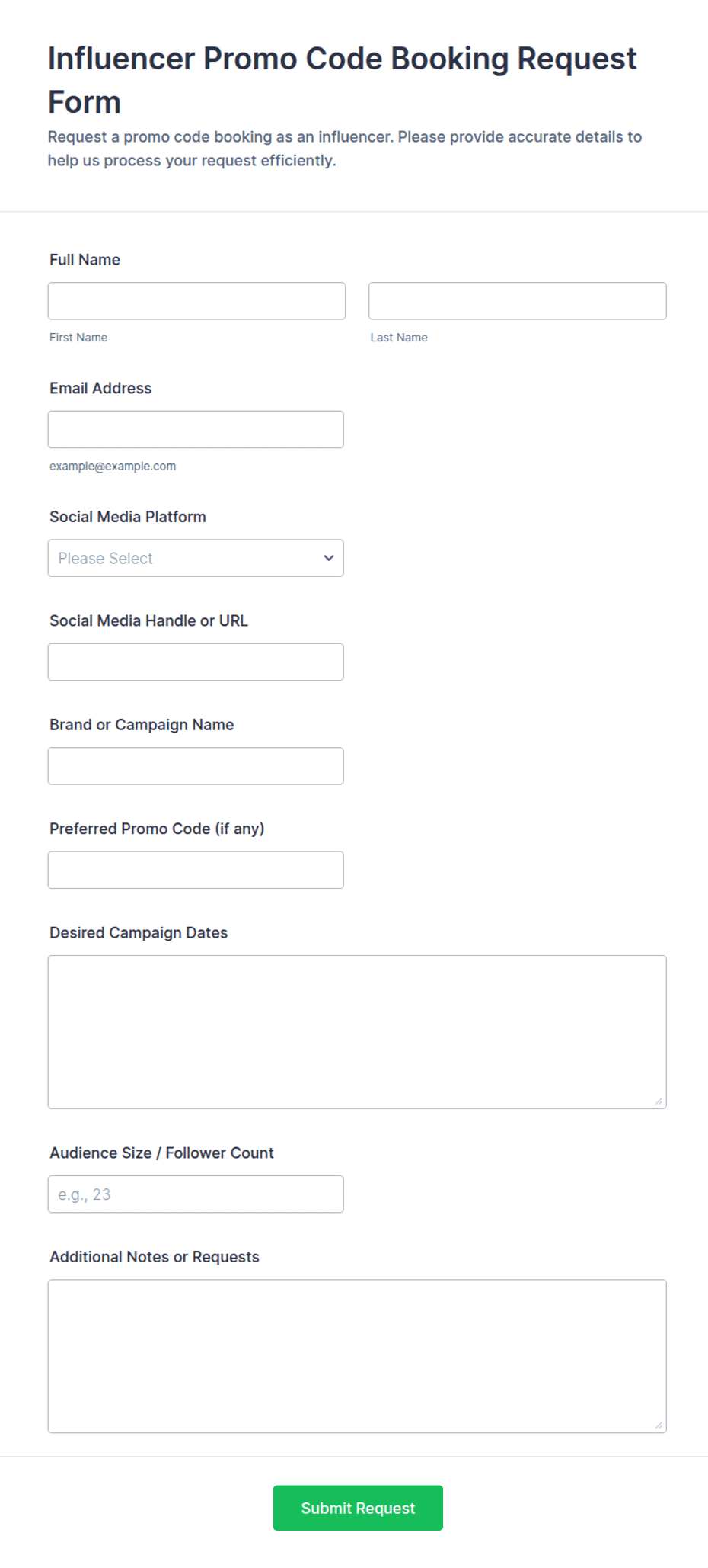 Influencer Promo Code Booking Request Form Template | Jotform