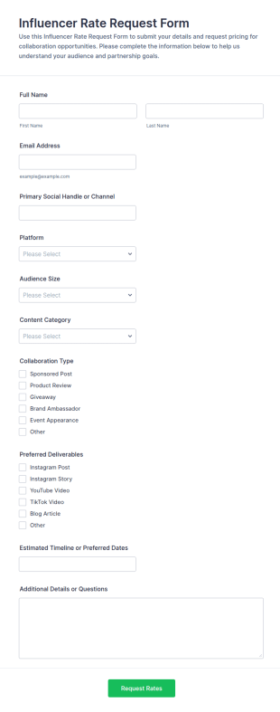 Influencer Rate Request Form Template
